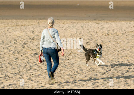 Crosby, Liverpool. 29 Mai, 2018. UK Wetter: hellen Sommertag an der Nordwestküste als Anwohner und Urlauber nehmen am frühen Morgen Übung auf dem Küstenweg und Merseyside Strand. Der Strand ist mit Spring Bank Holiday Wurf mit überquellenden Mülleimer und Müll weht im Wind geschmückt. Die sefton Rat Behälter eindeutig unzureichend für die Menge der Kunststoffabfälle. Credit: MediaWorldImages/AlamyyLiveNews. Stockfoto