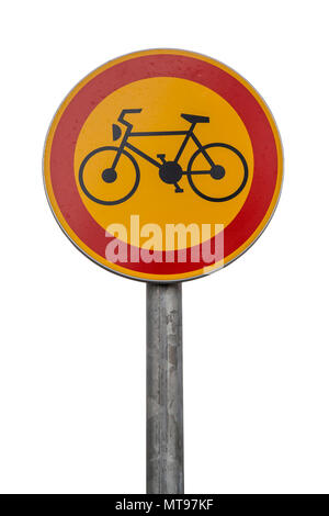 Keine radfahren Schild auf Pole post, große runde isoliert - kein Fahrrad auf weißem Hintergrund. Stockfoto
