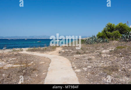 Pfade auf Küsten robuste Bereich und das türkisfarbene Meer auf Mallorca, Spanien im August. Stockfoto