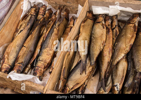 Bin von getrockneten Fisch zum Verkauf an, der Markt im Souk in Amman, Jordanien. Stockfoto