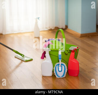 Haushalt Reinigungsmittel, Eimer, Bodentücher, Mops und chemische Reinigung Feldspritzen Stockfoto