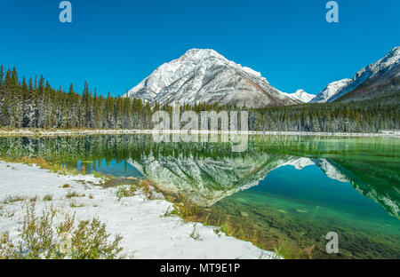 Perfekte Reflektion der schneebedeckten Berge auf Spiegel noch alpinen See, Teich, Tarn. Baumgrenze und Wald spiegelt sich auf blaues Wasser, blauen wolkenlosen Himmel. Stockfoto