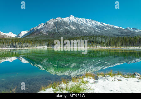 Perfekte Reflektion der schneebedeckten Berge auf Spiegel noch alpinen See, Teich, Tarn. Baumgrenze und Wald spiegelt sich auf blaues Wasser, blauen wolkenlosen Himmel. Stockfoto