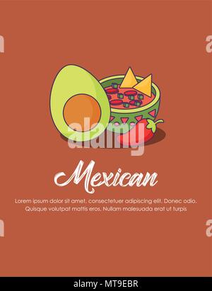 Infografik von Mexiko Konzept mit mexikanische Sauce Schüssel und Avocado über braunen Hintergrund, farbenfrohen Design. Vector Illustration Stock Vektor