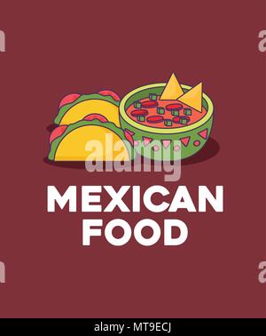 Mexikanische Tacos, Nachos über braunen Hintergrund, farbenfrohen Design. Vector Illustration Stock Vektor
