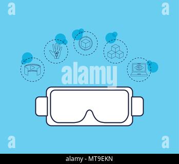 Virtual reality Design mit VR-Brille und die zugehörigen Symbole Um auf blauem Hintergrund, farbenfrohen Design. Vector Illustration Stock Vektor