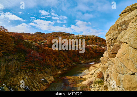 Landschaft mit Herbst Bäume, bewölkter Himmel und der Schnee auf den Bergen im Nationalpark Los Glaciares Nationalpark. Argentinische Patagonien im Herbst. Stockfoto