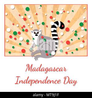 Tag der Unabhängigkeit in Madagaskar. 26. Juni. Konzept der ein nationaler Feiertag. Die Strahlen von unten, Lemur. Gelber Hintergrund, grunge Textur. Kreise der Flagge col Stock Vektor