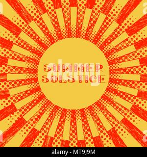 Konzept Sommersonnenwende. Pop Art Stil. Stilisierte Sonne und Strahlen. Rot und Gelb. Schriftzug. 21. Juni Stock Vektor