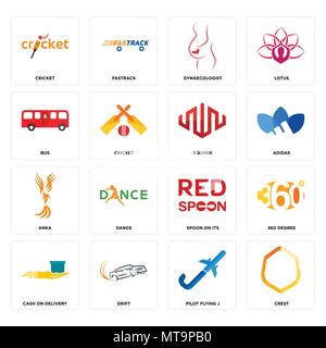 16 Einfache editierbare Symbole wie Crest, Pilot Flying j, Drift, Nachnahme, 360 Grad, Kricket, Bus, Anka, equinix kann für mobile verwendet werden. Stock Vektor