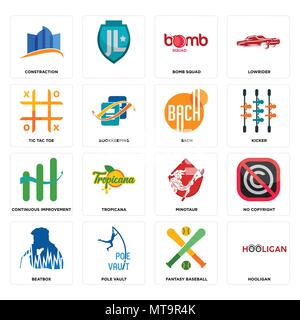 16 Einfache editierbare Ikonen wie Hooligan, fantasy Baseball, Stabhochsprung, Beatbox, kein copyright, constraction, Tic Tac Toe, kontinuierliche improveme Stock Vektor