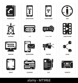 16 Einfache editierbare Ikonen wie Kassette, Datei, Kalender, Tablet, Teilen, Telefonbuch, Antenne, Monitor, Projektor für mobile verwendet werden, Web U Stock Vektor
