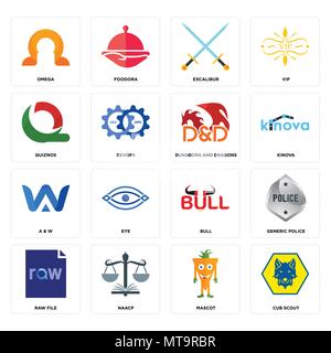 16 Einfache editierbare Ikonen wie cub Scout, Maskottchen, naacp, raw file, generische Polizei, Omega, Quizno's, a&w, können Kerker und Drachen verwendet werden fo Stock Vektor