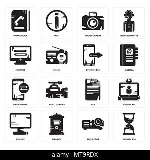 16 Einfache editierbare Ikonen wie Sanduhr, Projektor, Mailbox, Display, Videokonferenz, Telefonbuch, Monitor, Smartphone, Smartphone kann verwendet Fo. Stock Vektor