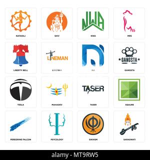 16 Einfache editierbare Ikonen wie Saraswati, Sikhismus, Psychologie, Wanderfalken, quadratisch, nataraj, Liberty Bell, Tesla, na für Mobi verwendet werden kann. Stock Vektor