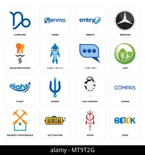 16 Einfache editierbare Ikonen wie Buch, Satan, slot machine, Instandhaltung, compas, Steinbock, indisches Restaurant, Flug, drei Punkte können Stock Vektor