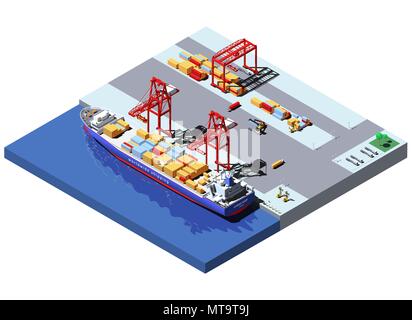 Vektor isometrische cargo Port mit zwei Kränen Entladen von Containern aus Container schiff Stock Vektor