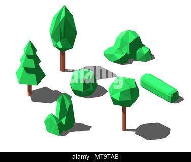 Isometrische Low Poly Bäume und Sträucher gesetzt Vector Illustration Stock Vektor