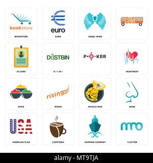 16 Einfache editierbare Ikonen wie 3 schreiben, Reederei, eine Cafeteria, eine amerikanische Flagge, Nase, Buchhandlung, ID-Karte, Gewürz, für mobile verwendet werden, Stock Vektor