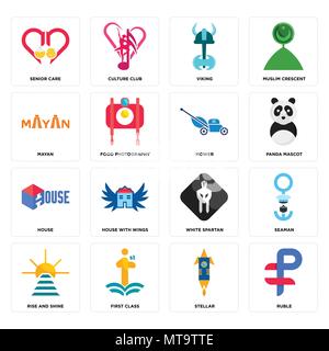 16 Einfache editierbare Ikonen wie Rubel, stellar, erste Klasse, Rise and Shine, Seaman, Senior Care, Maya, Haus, Mäher kann für mobile verwendet werden, Stock Vektor