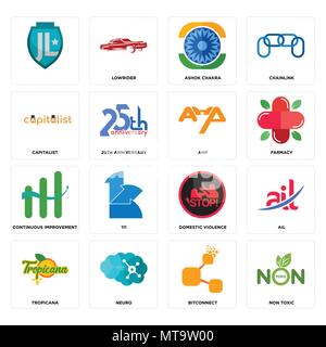 16 Einfache editierbare Ikonen wie Ungiftig, bitconnect, Neuro, Tropicana, ail,, kapitalistischen, kontinuierliche Verbesserung, Ahp für mobile verwendet werden. Stock Vektor