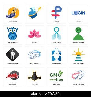 16 Einfache editierbare Ikonen wie Leichtathletik, Gentechnikfreie, bat man, wild Hog, Glanz, Rasenmäher, Eule, weiß Spartan, Lungenkrebs Stock Vektor