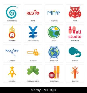 16 Einfache editierbare Ikonen wie Langusten, Cricket Club, drei Kleeblatt, Raumstar, Elefant, Meeresschnecke, Kilometerzähler, lacrosse, Creek können Stock Vektor