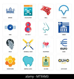 16 Einfache editierbare Ikonen wie Auto Shop, ID-Karte, Zahnklinik, Honigwabe, Euro, Brücke, Festplatte, Wolf, Nase kann für mobile verwendet werden, die Web-UI Stock Vektor