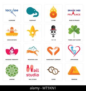 16 Einfache editierbare Ikonen wie Penrose, Kaffee, Nagelstudio, Jasmin, Waisenhaus, lacrosse, Cinco de Mayo, Massage therapist, Mister verwenden können. Stock Vektor