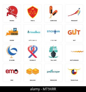 16 Einfache editierbare Ikonen wie Texas Flagge, Periskop, Baklava, Emo, Klapperschlange, Wushu, Planierschild, g Kugel, Stickman kann für mobile, Web verwendet werden. Stock Vektor