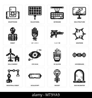 16 Einfache editierbare Symbole wie Egg Incubator, Rakete, Oculus Rift, Industrieroboter, Hoverboard, Smartphone, Roboter, Windrad dreht Energie, Blaster können Stock Vektor