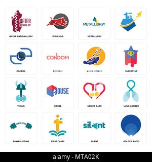16 Einfache editierbare Ikonen wie Goldener Schnitt, leise, erste Klasse, Powerlifting, Lungenkrebs, Qatar National Day, Kamera, viking, Rasenmäher c Stock Vektor