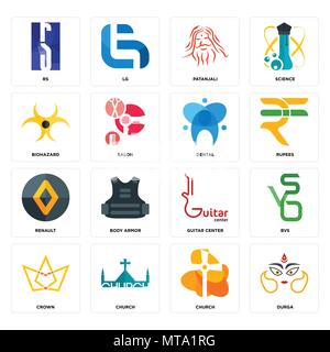 16 Einfache editierbare Ikonen wie Durga, Kirche, Krone, Bvs, Rs, Biohazard, Renault, zahnmedizinische für mobile verwendet werden, die Web-UI Stock Vektor