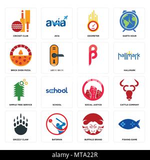 16 Einfache editierbare Symbole wie angeln spiel, buffalo Marke, Batsman, grizzly Claw, Cattle Company, Cricket Club, Steinofen Pizza, Baum Servi Stock Vektor