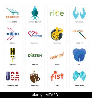 16 Einfache editierbare Ikonen wie Angel Wing, Faust, eine Cafeteria, eine amerikanische Flagge, Dent, Buchhandlung, Rudern, Autobahn, Muskel Mann kann für mobil verwendet werden. Stock Vektor