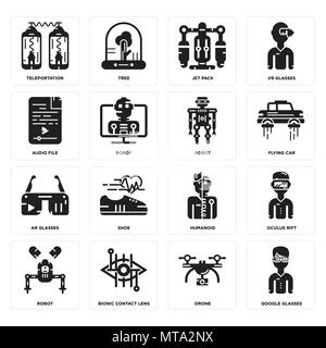 16 Einfache editierbare Ikonen wie Google Gläser, Drone, Bionic Kontaktlinse, Roboter, Oculus Rift, Teleportation, Audiodatei, Ar Roboter kann verwendet werden Stock Vektor