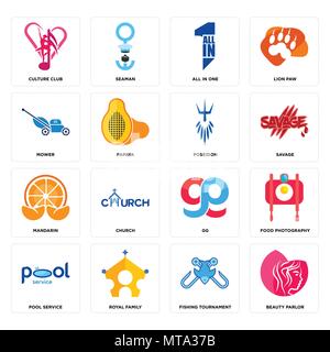16 Einfache editierbare Ikonen wie Kosmetiksalon, Angeln Turnier, der königlichen Familie, Pool Service, Essen Fotografie, Culture Club, Mäher, Mandarin Stock Vektor