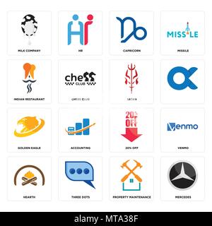 16 Einfache editierbare Ikonen wie Mercedes, Instandhaltung, drei Punkte, Ofen, venmo, Milch, indisches Restaurant, Golden Eagle, sata Stock Vektor