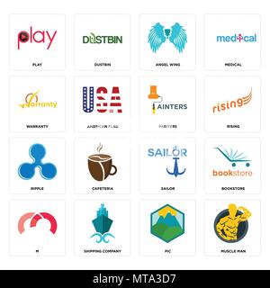 16 Einfache editierbare Ikonen wie Kraftprotz, pic, Reederei, m, Buchhandlung, Spielen, Garantie, Welligkeit, Maler können für mobile, Web verwendet werden. Stock Vektor