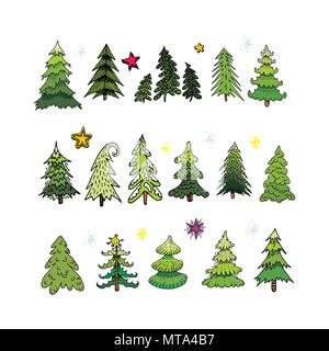 Satz von verschiedenen eleganten Weihnachtsbäume. Design Elemente der stilisierte Tannen in mehreren Varianten isoliert auf Weiss. Weihnachtsbäume Vektor collecti Stock Vektor