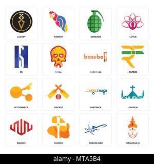 16 Einfache editierbare Ikonen wie Hanuman Ji, dreamliner, Kirche, equinix, Luxus, Rs, bitconnect, Baseball für mobile verwendet werden, die Web-UI Stock Vektor