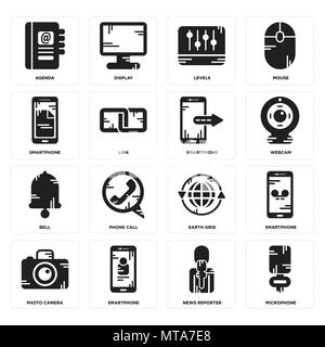 16 Einfache editierbare Ikonen wie Mikrofon, News Reporter, Smartphone, Foto Kamera, Agenda, Bell, Smartphone kann für mobile verwendet werden, die Web-UI Stock Vektor