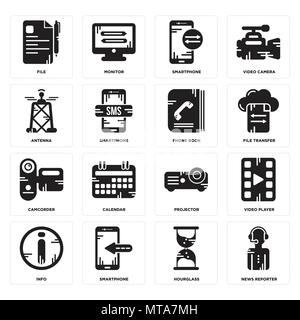 16 Einfache editierbare Ikonen wie Nachrichten Reporter, für die Sanduhr, Smartphone, Info, Video Player, Datei, Antenne, Camcorder, Telefonbuch verwendet werden kann. Stock Vektor