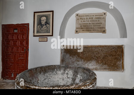 Kapelle, wo der Dichter José Zorrilla im 19. Jahrhundert in der Kirche San Martín und San Benito el Viejo, Katholische Pfarrkirche, Valladolid getauft wurde Stockfoto