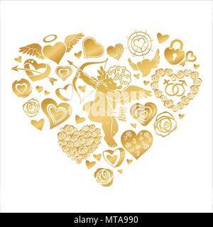 Grußkarten zum Valentinstag mit einem großen Herzen, bestehend aus Blumen, Amor, kleinen Herzen, Schlösser und Schlüssel. Vector Clip-art Illustration über wh Stock Vektor