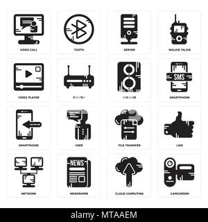 16 Einfache editierbare Ikonen wie Camcorder, Cloud Computing, Zeitung, Netzwerk, wie, Videokonferenz, Player, Smartphone, Sprecher verwendet werden kann. Stock Vektor