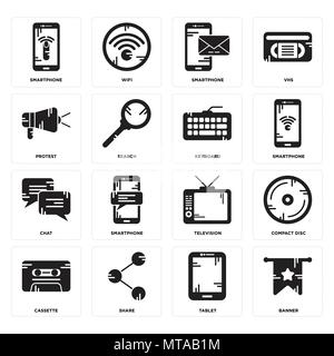 16 Einfache editierbare Symbole wie Fahne, Tablet, Anteil, Kassette, Cd, Smartphone, Protest, Chat, Tastatur für mobile, Web verwendet werden. Stock Vektor