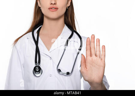 Arzt zeigt stop Geste Stockfoto
