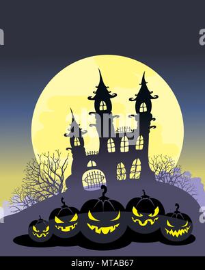 All Hallows Selbst, All Hallows Eve, Behandeln oder Trick, Jack's Laterne, finsteres Schloss, finsteres Schloss, Poster für Allerheiligen, Kürbis All Saints' D Stock Vektor