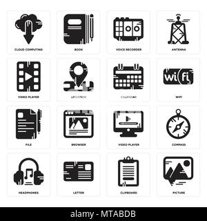 16 Einfache editierbare Ikonen wie Bild, Zwischenablage, Brief, Kopfhörer, Kompass, Cloud Computing, Video Player, Datei, Kalender kann verwendet werden für Stock Vektor